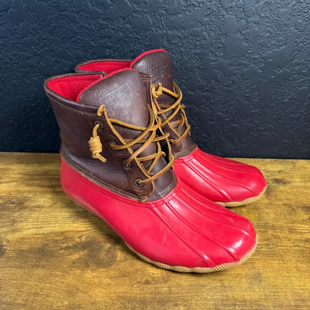 Sperry Saltwater STS90994 Red‎ Brown Leather Rubber Duck Boots Womens Size 8